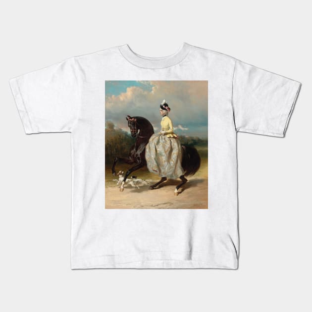 Woman In Marie Antoinette Costume On A Prancing Horse by Alfred de Dreux Kids T-Shirt by Classic Art Stall